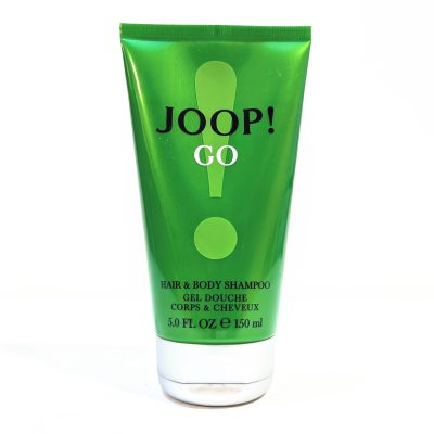A 150 ml green tube of Joop Go Shower Gel Body Wash for Men, featuring black and white text on the front.