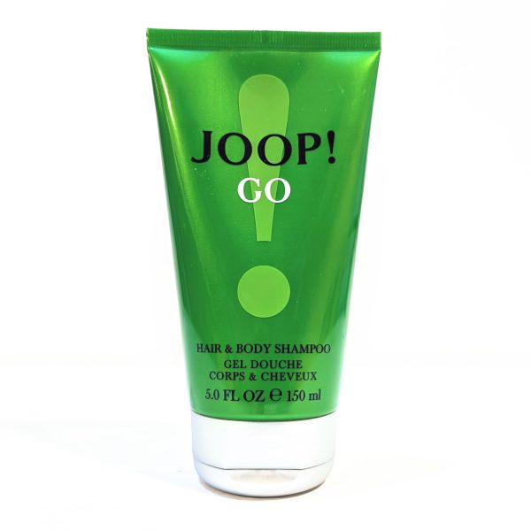 A 150 ml green tube of Joop Go Shower Gel Body Wash for Men, featuring black and white text on the front.