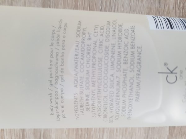 The back of a bottle of calvin klein body wash.