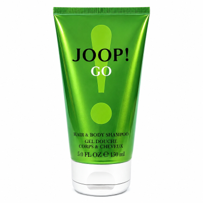 A green 150 ml tube of Joop Go Shower Gel Body Wash for Men, featuring black and white text and a white flip cap.