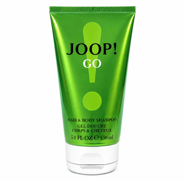 A green 150 ml tube of Joop Go Shower Gel Body Wash for Men, featuring black and white text and a white flip cap.