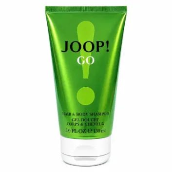A green 150 ml tube of Joop Go Shower Gel Body Wash for Men, featuring black and white text and a white flip cap.