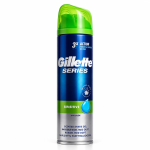 Gillette Shaving Foam, Sensitive Series Shave Gel, One Can with green cap, blue/silver design, labeled “3X Action” and “with Aloe” for sensitive skin.