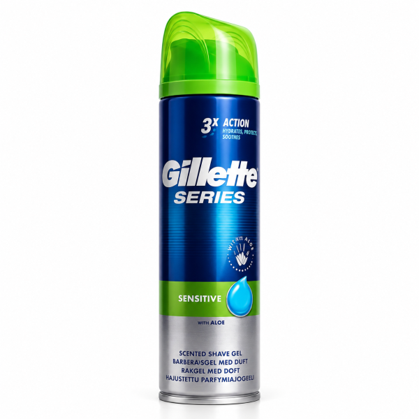 Gillette Shaving Foam, Sensitive Series Shave Gel, One Can with green cap, blue/silver design, labeled “3X Action” and “with Aloe” for sensitive skin. Gillette Shaving Foam, Sensitive Series Shave Gel, One Can with green cap, blue/silver design, labeled “3X Action” and “with Aloe” for sensitive skin.