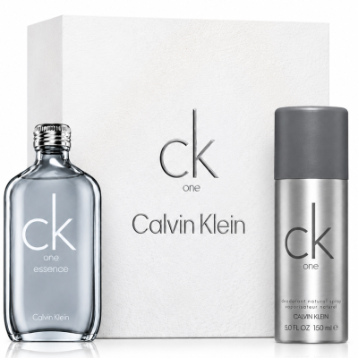 CK One 100ml EDT & CK One Body Wash Gift Bundle Set featuring a clear glass bottle of fragrance and a matching body wash, both displayed in front of a white box.