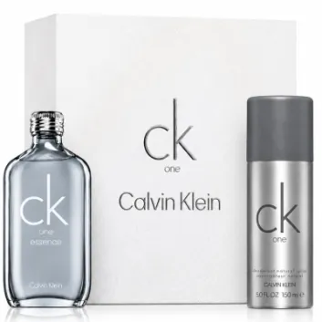 CK One 100ml EDT & CK One Body Wash Gift Bundle Set featuring a clear glass bottle of fragrance and a matching body wash, both displayed in front of a white box.