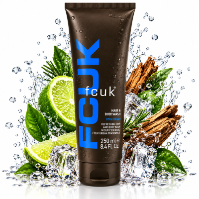 Fcuk Urban Hair and Body Wash, 250ml with blue lettering, surrounded by ice cubes, lime slices, cinnamon sticks, green leaves, and water splashes in the background.