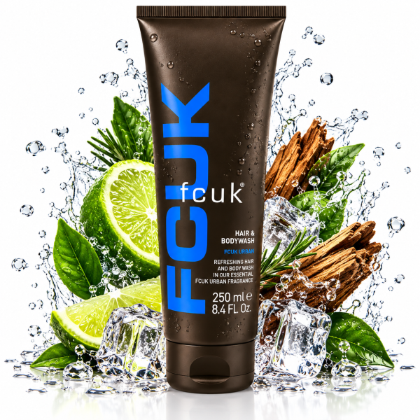 Fcuk Urban Hair and Body Wash, 250ml with blue lettering, surrounded by ice cubes, lime slices, cinnamon sticks, green leaves, and water splashes in the background.