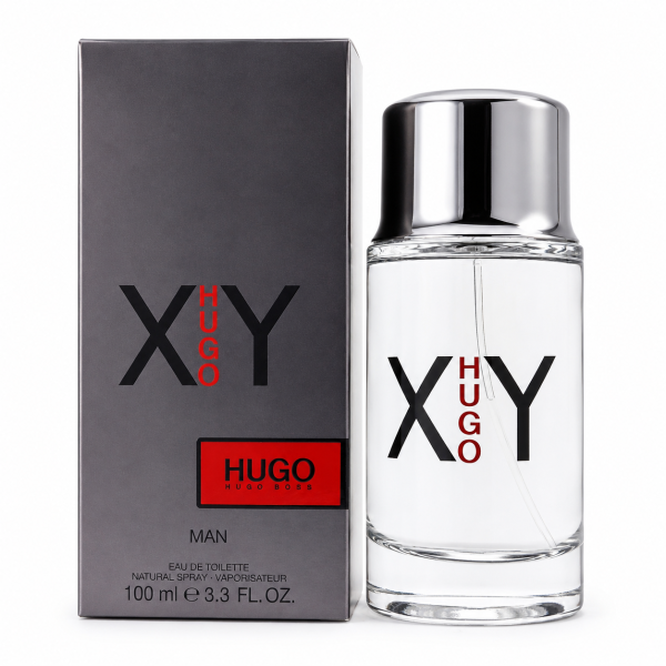 A bottle of Hugo Boss XY 100ml Eau De Toilette EDT for Men stands next to its gray and red packaging, both featuring the product name and logo. A bottle of Hugo Boss XY 100ml Eau De Toilette EDT for Men stands next to its gray and red packaging, both featuring the product name and logo.