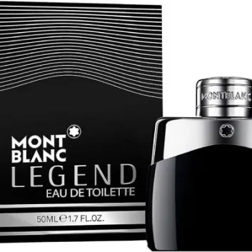 A Mont Blanc Legend 50ml EDT for men is shown next to its matching black and silver box.