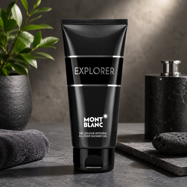 A black tube of Mont Blanc Explorer Mens Shower Gel 150ml, Body Shampoo sits on a bathroom counter alongside a towel, soap dispenser, and a small plant.