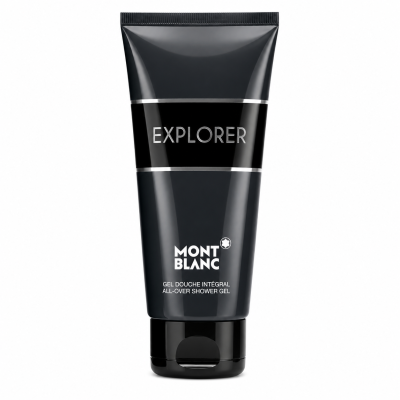 A black tube labeled "Mont Blanc Explorer Mens Shower Gel 150ml, Body Shampoo," stands upright on a white background.