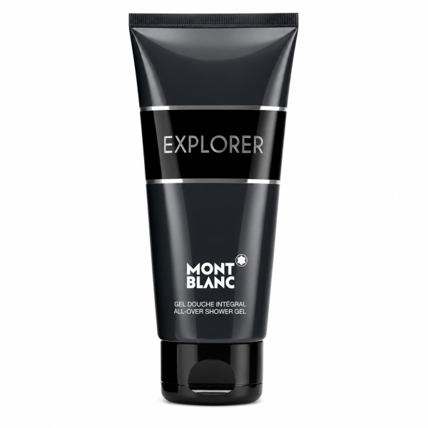 A black tube labeled "Mont Blanc Explorer Mens Shower Gel 150ml, Body Shampoo," stands upright on a white background.