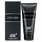 A tube of Mont Blanc Explorer Mens Shower Gel 150ml, Body Shampoo stands beside its black retail box, both displaying the product and brand details.