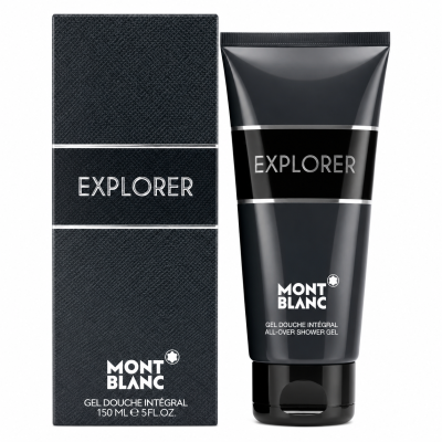 A tube of Mont Blanc Explorer Mens Shower Gel 150ml, Body Shampoo stands beside its black retail box, both displaying the product and brand details.