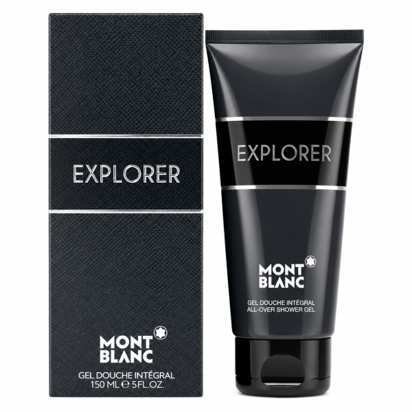 A tube of Mont Blanc Explorer Mens Shower Gel 150ml, Body Shampoo stands beside its black retail box, both displaying the product and brand details.