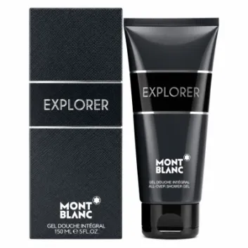A tube of Mont Blanc Explorer Mens Shower Gel 150ml, Body Shampoo stands beside its black retail box, both displaying the product and brand details.