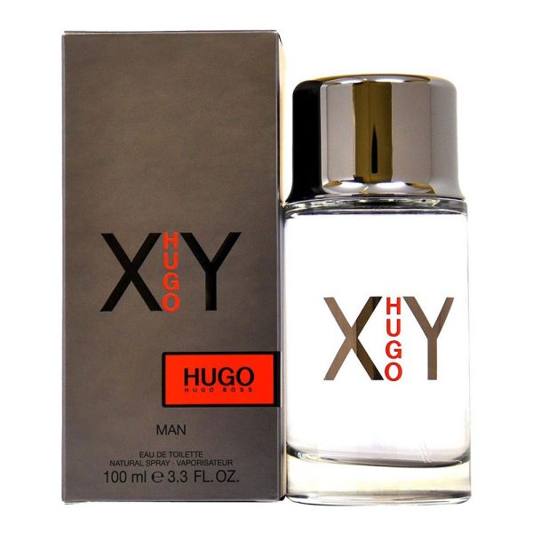 Hugo Boss XY Eau De Toilette (EDT) for Men, 40ml bottle with packaging featuring bold XY lettering and Hugo branding in red and white on a dark gray background.