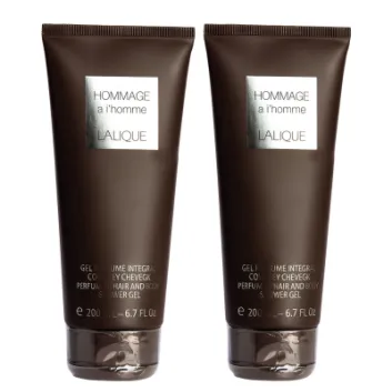 Two upright tubes of 2x Lalique Hommage a L'Homme Men's Shower Gel 200ml, Body Wash for Men, Body Shampoo, displayed on a white background.