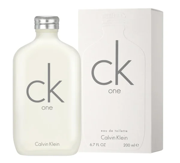 A 100 ml bottle of Calvin Klein CK One eau de toilette is placed next to its white packaging box, showcasing the same minimalist design and branding.