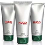 Three upright tubes of 3x Hugo Man, Hugo Boss Man Shower Gel (200 ml / 6.7 fl oz each) with silver bodies and green caps are displayed against a white background.
