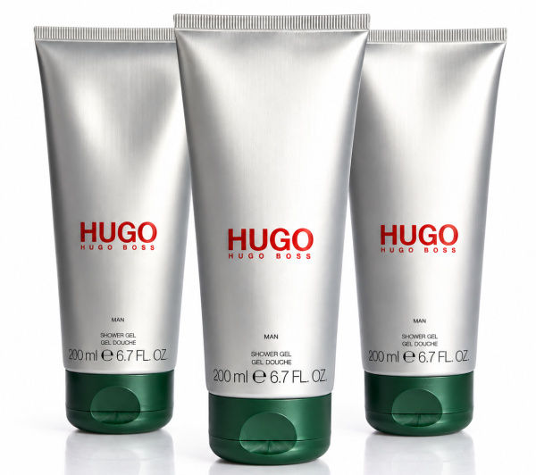 Three upright tubes of 3x Hugo Man, Hugo Boss Man Shower Gel (200 ml / 6.7 fl oz each) with silver bodies and green caps are displayed against a white background.