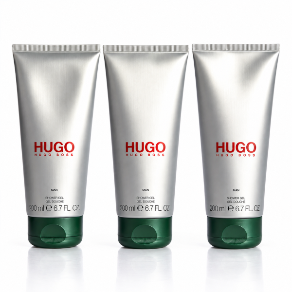 Three silver and green tubes of 3x Hugo Man, Hugo Boss Man Shower Gel, each 200 ml, are standing upright in a row on a white background.