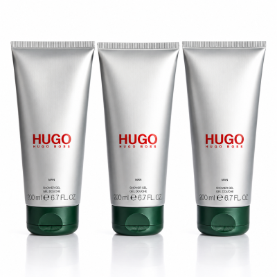 Three silver tubes of 3x Hugo Man, Hugo Boss Man Shower Gel, each 200 ml (6.7 fl. oz.) with green caps, arranged in a row against a white background.