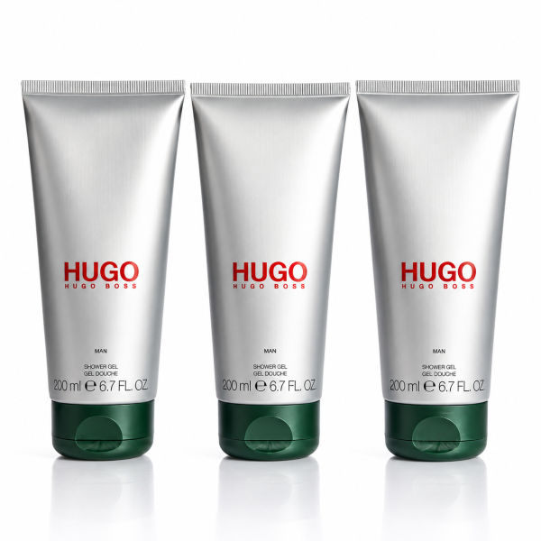 Three silver tubes of 3x Hugo Man, Hugo Boss Man Shower Gel, each 200 ml (6.7 fl. oz.) with green caps, arranged in a row against a white background.