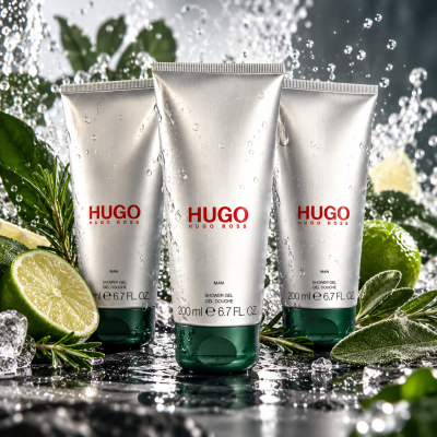 Three tubes of 3x Hugo Man, Hugo Boss Man Shower Gel arranged among fresh limes, rosemary, ice cubes, and splashing water.