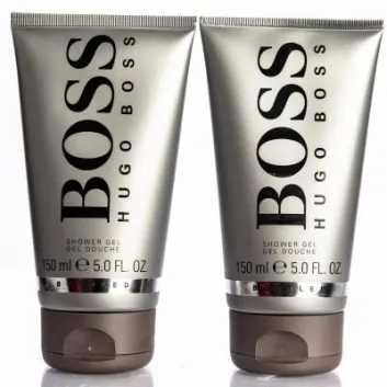 Two tubes of Hugo Boss shower gel, each containing 150 ml (5.0 fl oz), standing upright side by side against a white background.