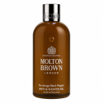 A brown bottle of Molton Brown Re-Charge Black Pepper 300ml Body Wash Shower Gel for Men, featuring white text and a silver cap.
