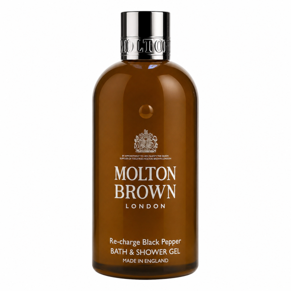 A brown bottle of Molton Brown Re-Charge Black Pepper 300ml Body Wash Shower Gel for Men, featuring white text and a silver cap.
