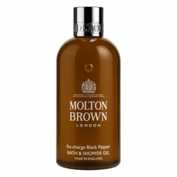 A brown bottle of Molton Brown Re-Charge Black Pepper 300ml Body Wash Shower Gel for Men, featuring white text and a silver cap.