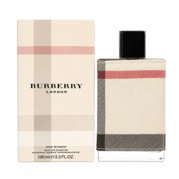 A Burberry London Eau de Parfum for Women 100ml bottle and its box, both adorned with the iconic Burberry check pattern; the bottle holds 100 ml (3.3 fl. oz.) of women's EDP spray, Burberry for Her.