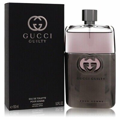 A 150 ml bottle of Gucci Guilty 200ml XL EDT Eau De Toilette for Men is placed next to its black packaging box, which features the brand's logo and product name.
