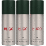 Three 150ml cans of 3x Hugo Man Deodorant Spray for Men, Anti-perspirant by Hugo Boss, are shown side by side on a white background.
