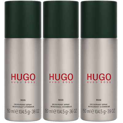 Three 150ml cans of 3x Hugo Man Deodorant Spray for Men, Anti-perspirant by Hugo Boss, are shown side by side on a white background.