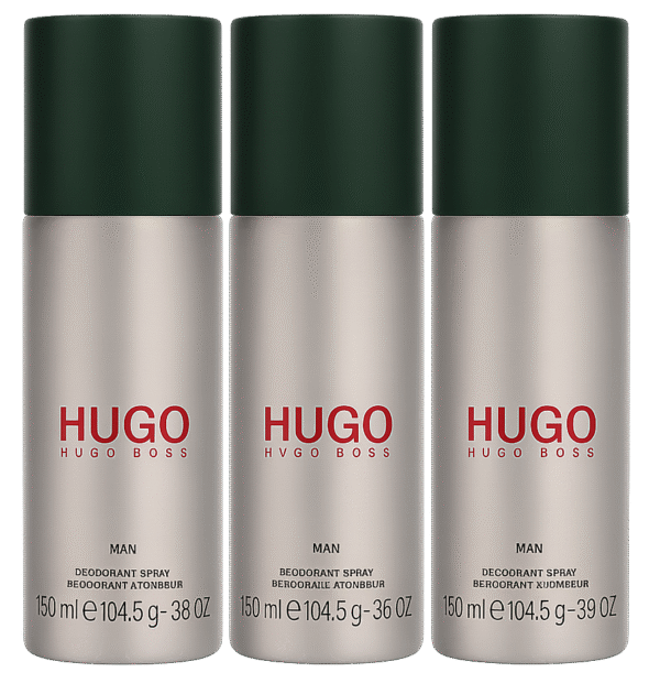 Three 150ml cans of 3x Hugo Man Deodorant Spray for Men, Anti-perspirant by Hugo Boss, are shown side by side on a white background.