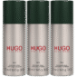 Three 150ml cans of 3x Hugo Man Deodorant Spray for Men, Anti-perspirant by Hugo Boss, are shown side by side on a white background.