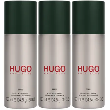 Three 150ml cans of 3x Hugo Man Deodorant Spray for Men, Anti-perspirant by Hugo Boss, are shown side by side on a white background.