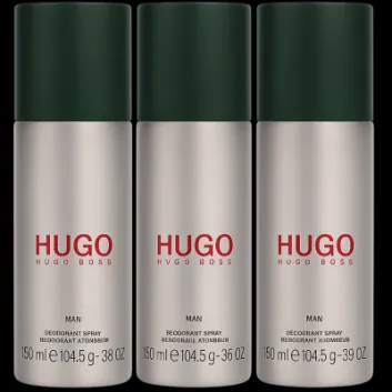 Three 150ml cans of 3x Hugo Man Deodorant Spray for Men, Anti-perspirant by Hugo Boss, are shown side by side on a white background.