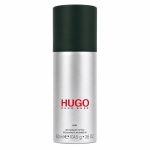 A 150 ml Hugo Man Deodorant Spray for Men by Hugo Boss, featuring an anti-perspirant formula, comes in a silver canister with a black cap and red logo text on the front, photographed against a white background.
