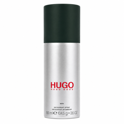 A 150 ml Hugo Man Deodorant Spray for Men by Hugo Boss, featuring an anti-perspirant formula, comes in a silver canister with a black cap and red logo text on the front, photographed against a white background.