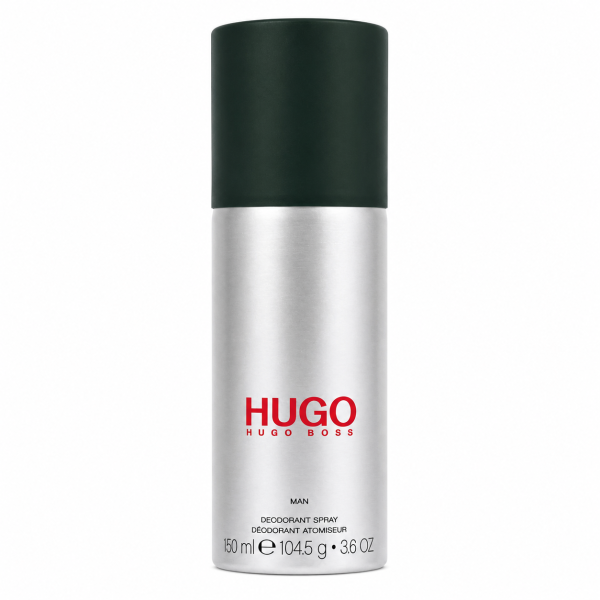 A 150 ml Hugo Man Deodorant Spray for Men by Hugo Boss, featuring an anti-perspirant formula, comes in a silver canister with a black cap and red logo text on the front, photographed against a white background.
