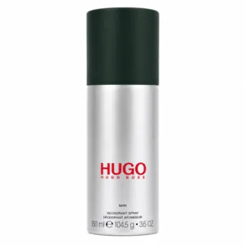 A 150 ml Hugo Man Deodorant Spray for Men by Hugo Boss, featuring an anti-perspirant formula, comes in a silver canister with a black cap and red logo text on the front, photographed against a white background.