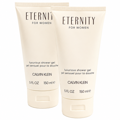 Two tubes of 2x Calvin Klein Eternity for Women, 150ml Shower Gel are standing upright against a white background.