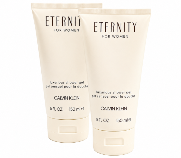Two tubes of 2x Calvin Klein Eternity for Women, 150ml Shower Gel are standing upright against a white background.