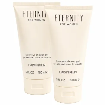Two tubes of 2x Calvin Klein Eternity for Women, 150ml Shower Gel are standing upright against a white background.