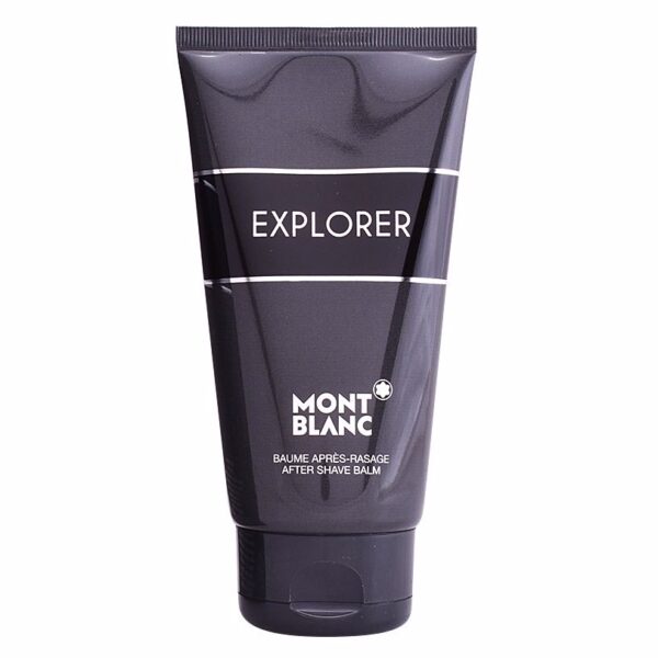 A 150ml tube of Mont Blanc Explorer Aftershave Balm for men, featuring a black and silver design, stands upright against a white background.